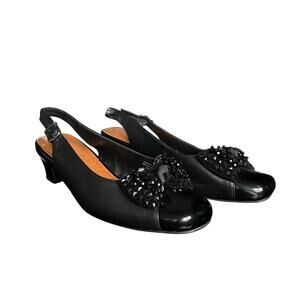 Peerage Black Cathy Leather Slingback Dress Pumps with Bow Size 7 1/2 E